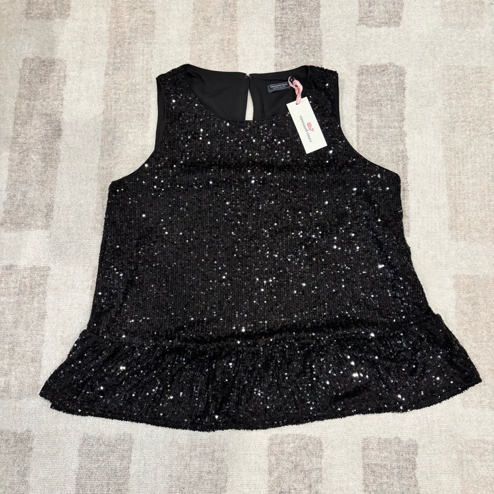 Vineyard Vines Black Sequin Ruffle Top | Size Medium | NWT
